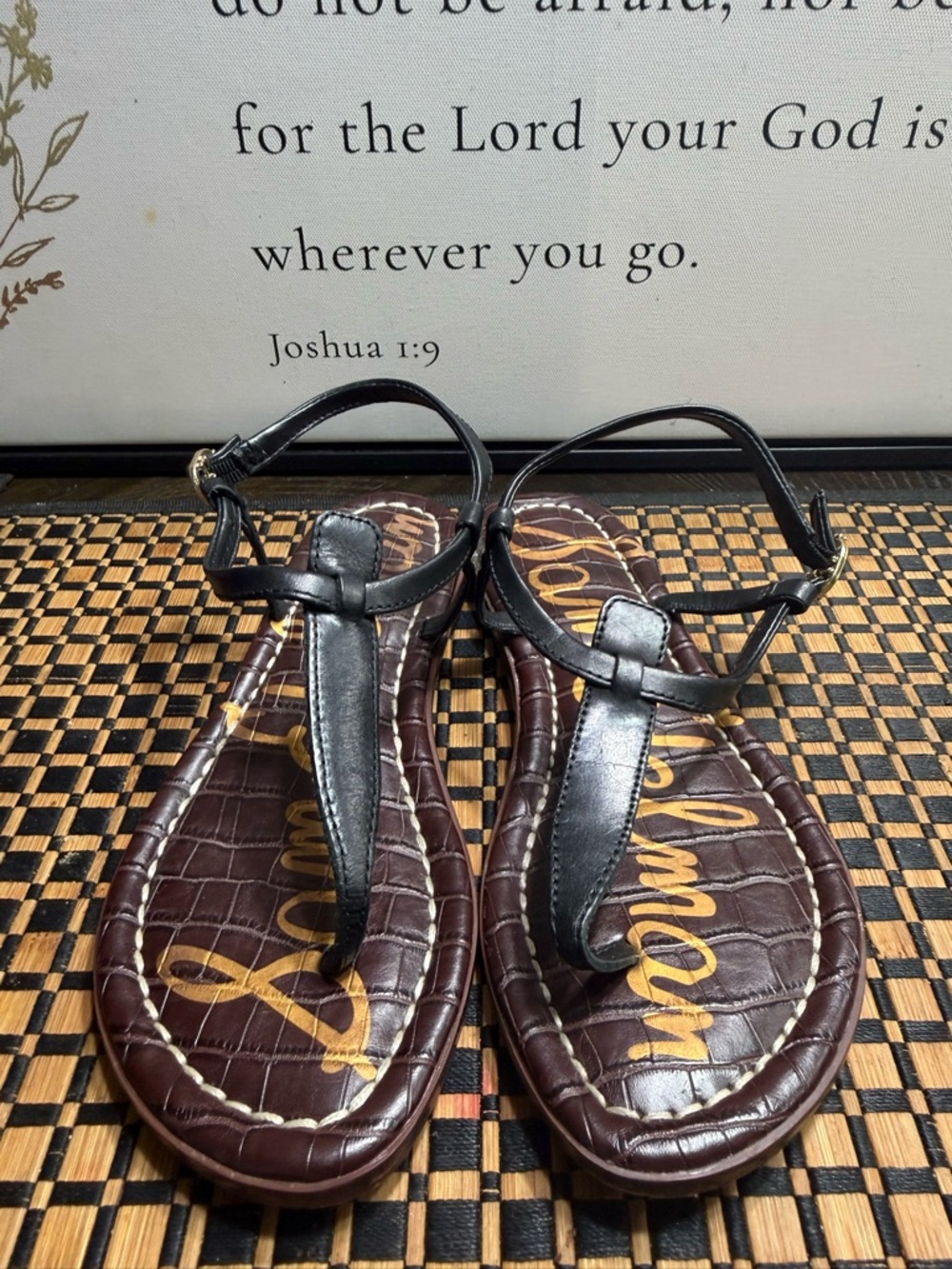 Sam Edelman Black Leather T-Strap Sandals with Brown Croc Insole Women SZ6 Box16